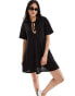 ASOS DESIGN waffle tie front smock mini dress in black