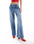 Bershka cherry bow embroidered wide leg jeans in indigo wash