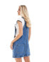 DTT Petite Lucine denim pinafore dress with pockets in mid blue