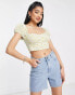 Stradivarius puff sleeve corset top in yellow floral print