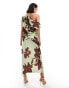 ASOS DESIGN satin off shoulder draped midi dress with split in lime floral print