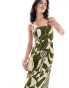 ASOS DESIGN square neck tie back linen midi sundress in green abstract print