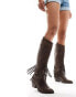 Glamorous western knee boots with tassels in dark brown washed