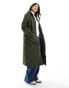 Pieces high neck quilted longline coat in khaki green