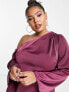 ASOS DESIGN Curve off shoulder satin maxi dress with drape detail in wine