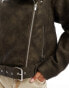 Vila washed oversized leather look biker jacket in brown