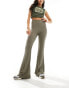 Monki two-tone rib jersey flare leg trousers in khaki green