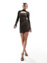 ASOS DESIGN grid mesh long sleeve mini dress with keyhole collar in black