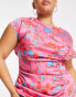 ASOS DESIGN Curve ruched side button cap sleeve satin maxi dress in pink based floral print