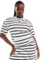 ASOS DESIGN Curve crew neck midi t shirt dress with ruched side in black and white stripe