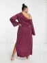 ASOS DESIGN Curve off shoulder satin maxi dress with drape detail in wine