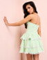 ASOS LUXE denim bandeau tiered broderie mini skater dress in pastel green