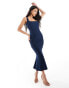 Vesper square neck fishtail midaxi dress in navy