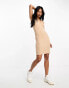 River Island scoop neck ribbed mini dress in beige