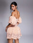 ASOS LUXE gem embellished off shoulder puff sleeve velvet mini dress in peach