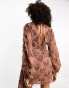 ASOS DESIGN fluffy v neck mini dress with tie waist and tie back detail in brown