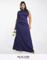 TFNC Plus Bridesmaid bow back maxi dress in navy blue