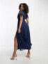 ASOS DESIGN Tall pleated dobby cowl front embroidered midi dress in navy