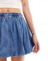 Stradivarius denim bubble hem mini skirt in mid blue