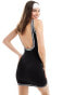 SNDYS knit scoop back detail mini dress with pocket detail in black with white stitch