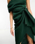 ASOS DESIGN fallen shoulder manipulated tuck bodycon midi dress in forest green