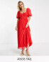 ASOS DESIGN Tall puff sleeve pleated dobby midi dress with scallop trim in red