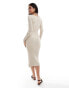 YAS ribbed bodycon knitted midi dress with tie neck in cream - CREAM