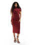 ASOS DESIGN Petite off shoulder pleat waist detail pencil midi dress in dark red