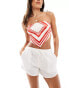 ASOS DESIGN stretch satin scarf hem bandeau top with tie back in red and white