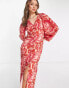 Pretty Lavish balloon sleeve button midaxi dress in red and pink floral