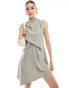 ASOS DESIGN cowl neck mini dress with gathered waist detail in neutral stripe