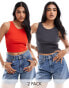 JJXX 2 pack cropped ribbed vests in grey and red