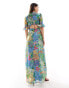 Hope & Ivy plunge maxi dress with fluted sleeves in blue floral