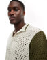 ASOS DESIGN knitted crochet polo with contrast sleeves in stone and khaki