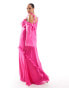 ASOS DESIGN Curve exclusive asymmetric sleeve maxi dress with distressed ruffle detail in pink