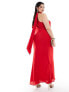 ASOS DESIGN Curve exclusive one sleeve tie neck maxi dress with batwing detail in red