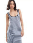 ASOS DESIGN cami strap with ruched tie and side split midi dress in navy and black stripe