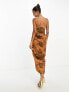 ASOS DESIGN satin corset bandeau midi dress with drape detail in rust floral print