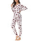 Women's Printed Microfleece V-neck Long Sleeve Top with Jogger 2 Pc Pajama Set