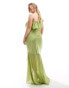 TFNC Plus Bridesmaid satin one shoulder ruffle maxi dress in olive