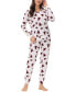 Women's Printed Microfleece V-neck Long Sleeve Top with Jogger 2 Pc Pajama Set