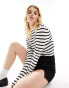 Morgan stripe high neck ribbed long sleeve top in black and white stripe