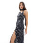 Style Cheat one shoulder satin maxi dress with neck tie in mono spot