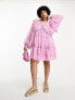 ASOS DESIGN Curve lace trim plunge batwing mini dress with pep hem in lilac floral dobby