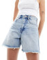 Pull&Bear high waisted raw hem longline denim shorts in light blue