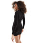 Pull&Bear ribbed jersey long sleeve mini dress with split hem in black