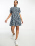 Pieces high neck tiered mini dress in blue ditsy floral