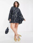 Twisted Wunder Plus retro bell sleeve mini swing dress in blue star print