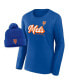 Women's Royal New York Mets Run The Bases Long Sleeve T-shirt and Cuffed Knit Hat with Pom Combo Set