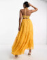 ASOS DESIGN embellished bodice tiered maxi dress with hi low hem and open back in mustard